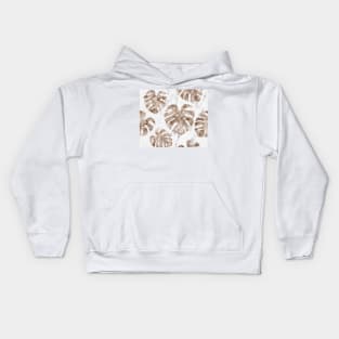 Rose gold monstera on white marble Kids Hoodie